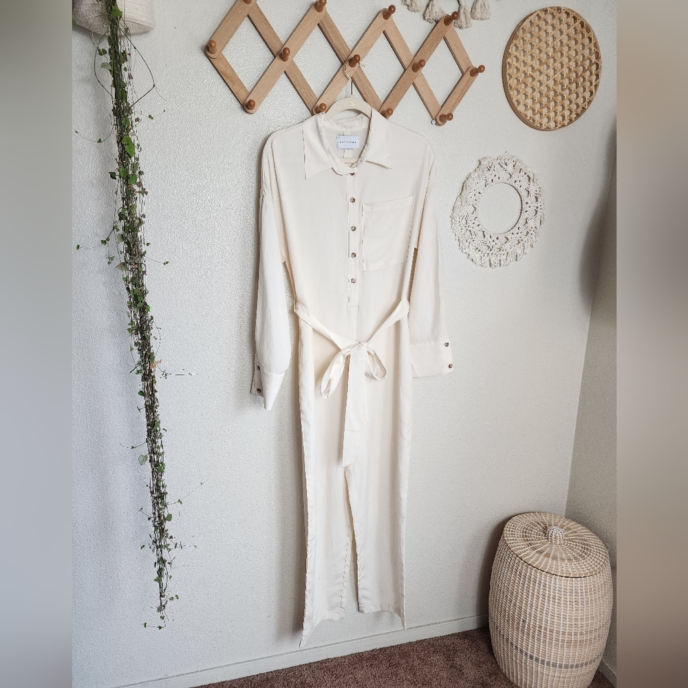 Lattelier Straight Belted Long-Sleeve Jumpsuit In Natural White Womans Small - Picture 2 of 16